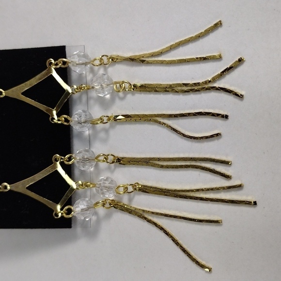 Women's Stunning Gold tone & Clear Beads Fringed Chandelier 3" Drop Earrings - Picture 4 of 7